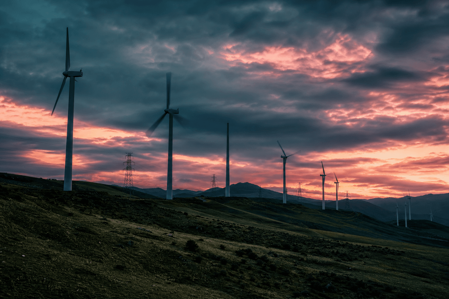 Wind turbines on the Great Plains at dusk